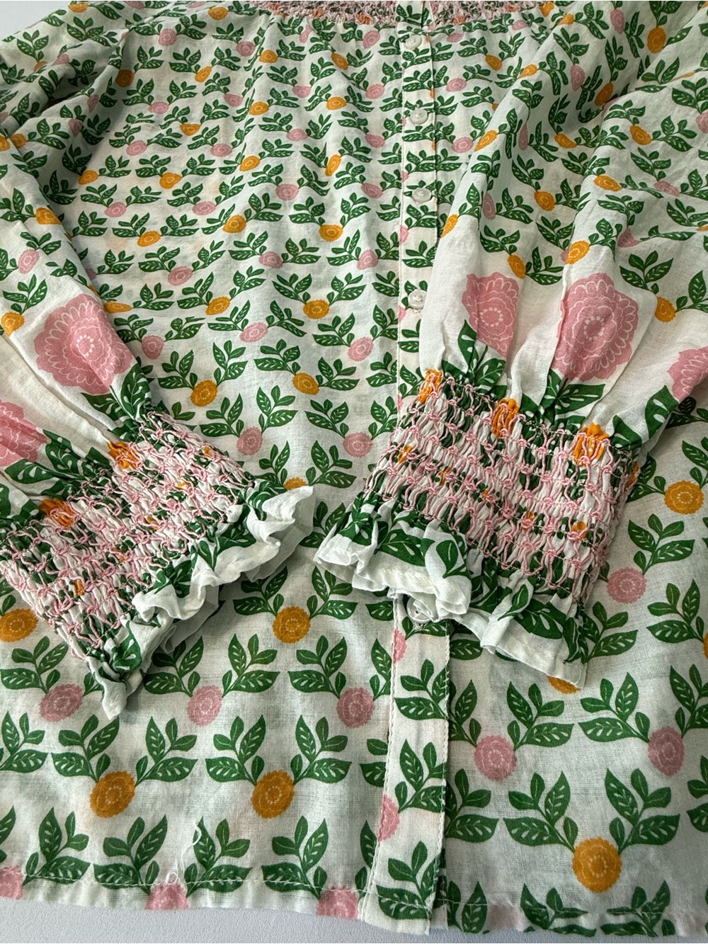 Boden Effie Smocked Split V-Neck Floral Top Long Sleeve Boho Green Pink Size 8 - Picture 7 of 14